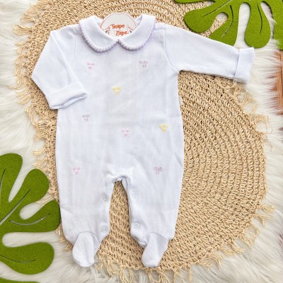  Macacão Tricotil (Tricot 100% Algodão) com Gola e Bordado - Branco Florzinhas